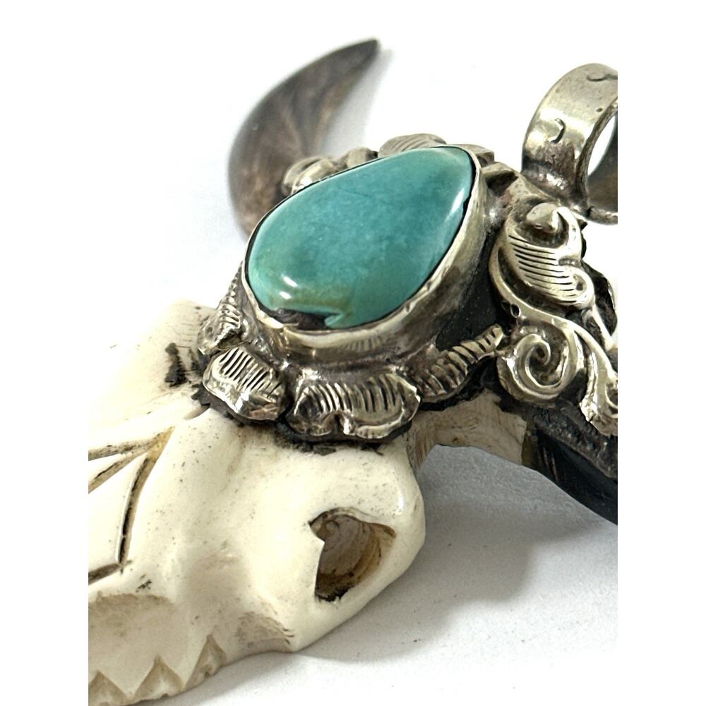 Western Steer Skull Style Pendant Turquoise Stone Southwestern Necklace Charm 3” - Picture 7 of 8